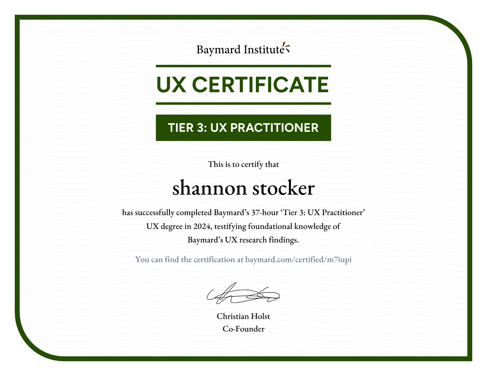 shannon stocker ’s certificate