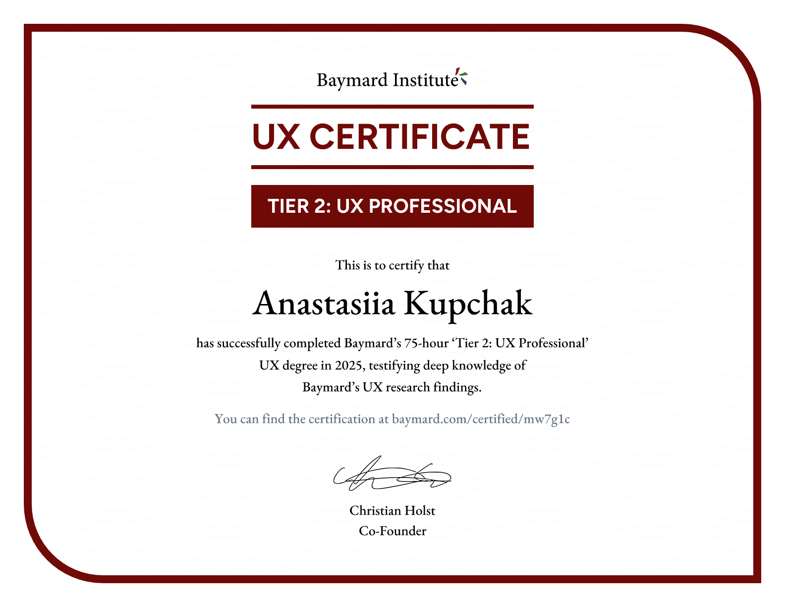 Anastasiia Kupchak’s certificate