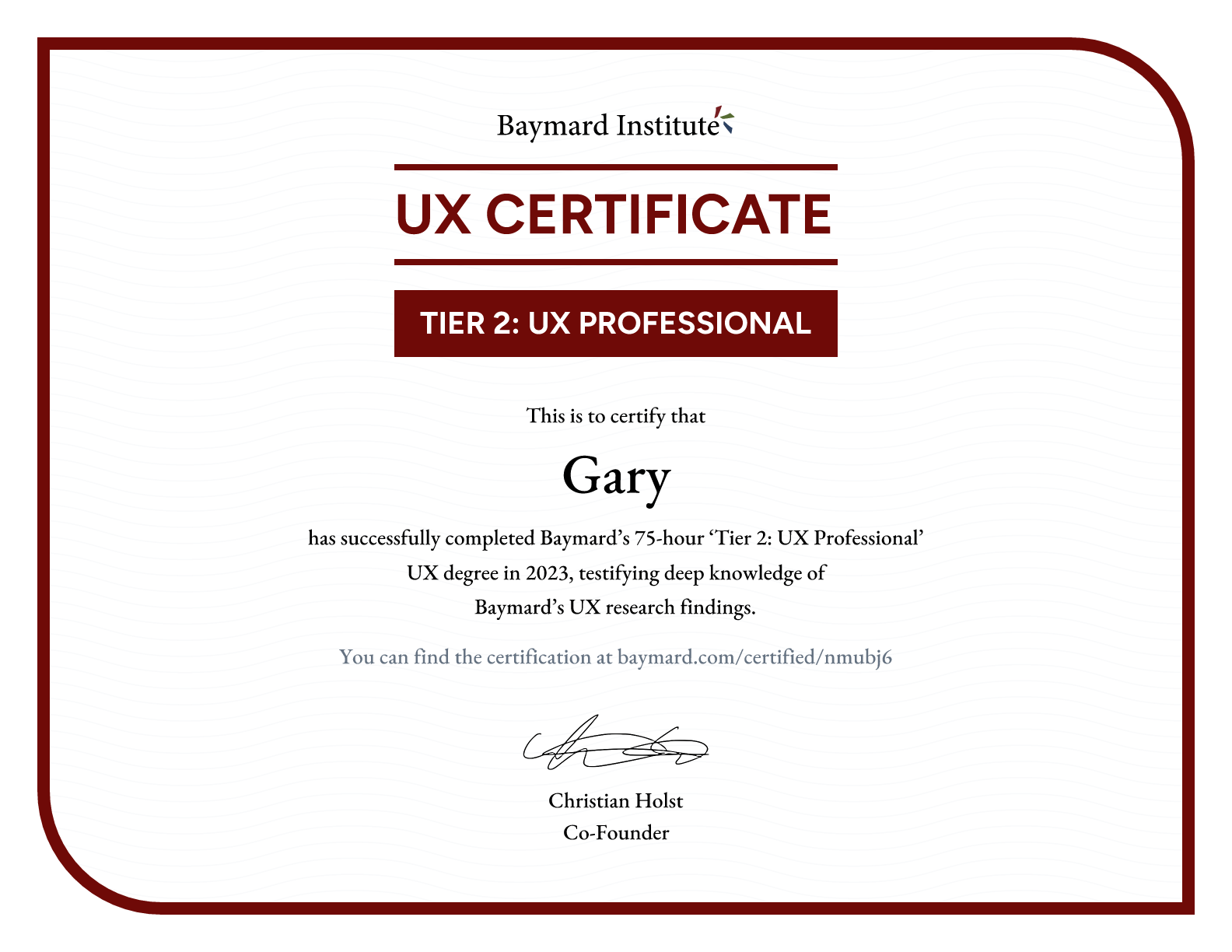 Gary’s certificate