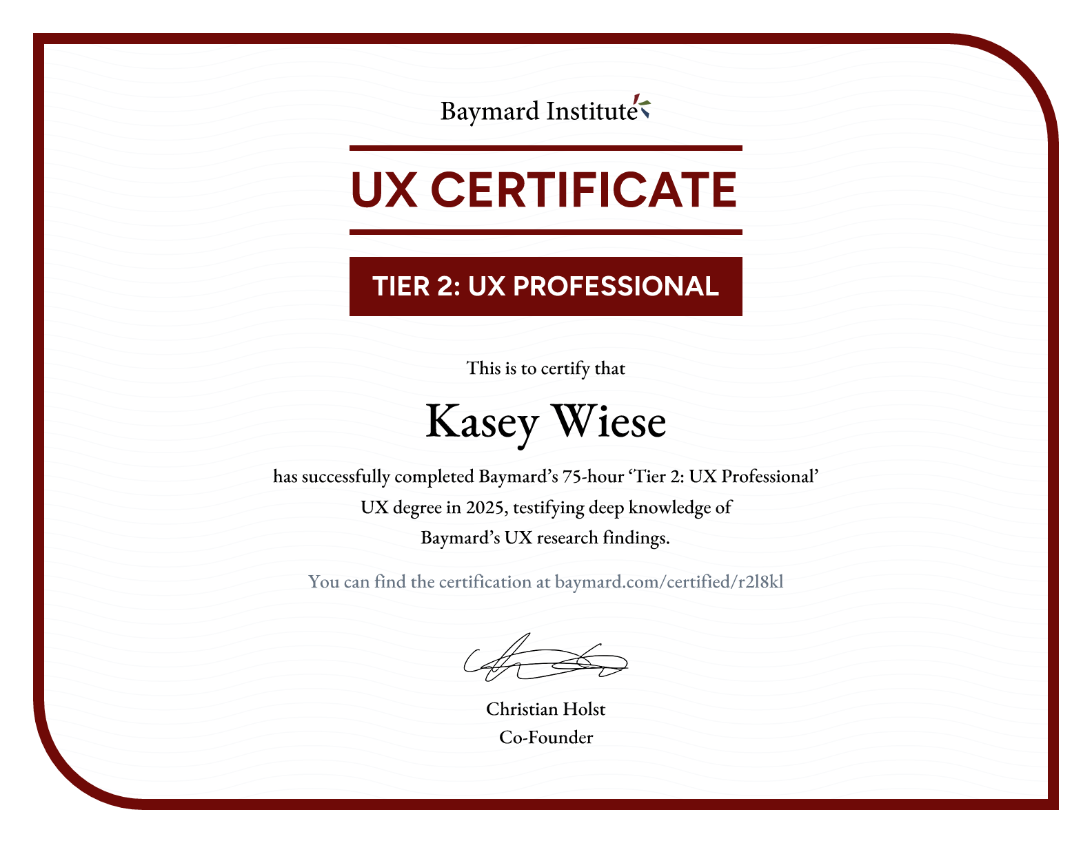 Kasey Wiese’s certificate