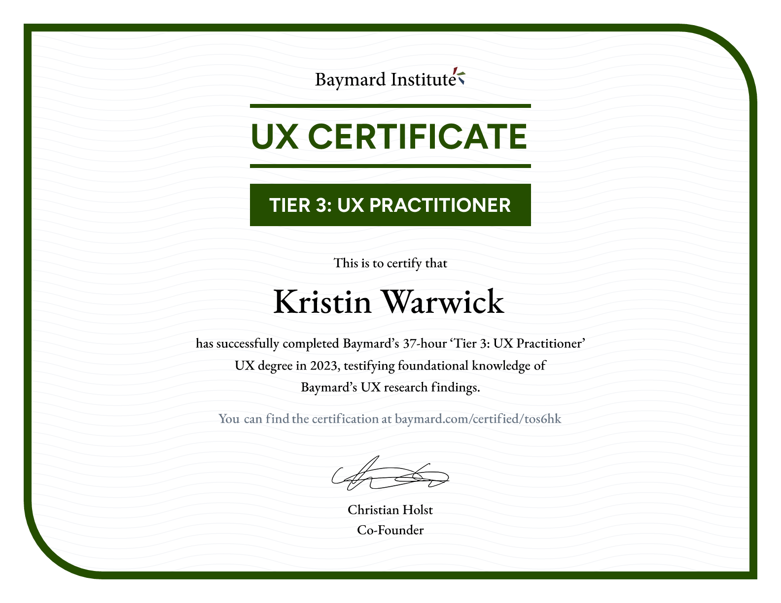 Kristin Warwick’s certificate
